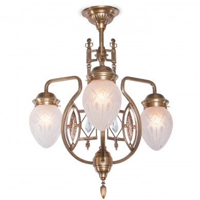 3-armiger Jugendstil-Deckenleuchter PANNONIA von Art Nouveau Lamps, Bild 1: 3-armiger, prunkvoll verzierter Jugendstil-Deckenleuchter mit Ornamenten und Kristallen, (Alt-Messing patiniert)