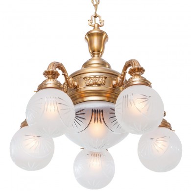 5-armiger Deckenleuchter mit Glaskugeln POPPA II von Art Nouveau Lamps, Bild 1: 5-armiger Deckenleuchter, mit satinierten Glas-Kugeln, Messing-Ausführung antik handpatiniert