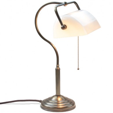Banker’s Lamp aus Messing mit Schwanenhals von Jugendstil-Leuchtenwerkstatt, Bild 1: Bankers's Lamp, hier Glasschirm in weiß (auch grün und cognac möglich). Messing antik handpatiniert (Altmessing)