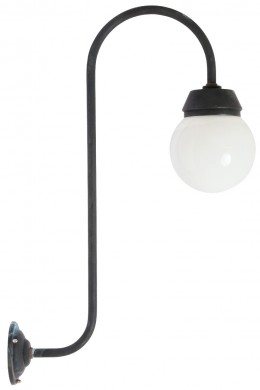 Glaskugel-Wandleuchte mit senkrechtem Bogen-Wandarm von Bolich, Bild 1: Die Kugel-Wandleuchte mit langem Schwanenhals-Wandarm in Kupfer-Patiniert