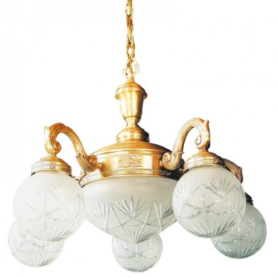 Prunkvoller 5-armiger Gründerzeit-Leuchter BUDAPEST von Art Nouveau Lamps, Bild 1: Prunkvoller Leuchter im Gründerzeit-Stil - handgeschliffenes Glas und hochwertiger Messingguss