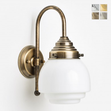 Kleine Art déco-Badezimmer-Wandleuchte mit Bogenarm und gestuftem Glas