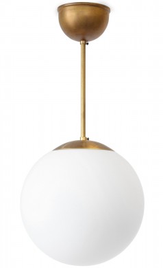 Messing-Deckenleuchte GLOBO mit matt-weißer Glaskugel Ø 20-35 cm von KH Verkstad, Bild 1: Kugel-Deckenleuchte, Messing roh mit matter, weißer Glaskugel (hier Modell 2 mit Ø 25 cm)
