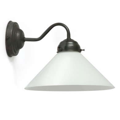 Jugendstil-Wandlampe mit Kegelschirm von Jugendstil-Leuchtenwerkstatt, Bild 1: Nostalgische Jugendstil-Wandleuchte mit Kegel-Glasschirm (25 cm), hier Messing dunkel patiniert (brüniert)