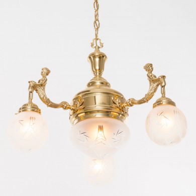 Dreiarmiger Pendelleuchter FORTUNE II von Art Nouveau Lamps, Bild 1: Der prachtvolle Lüster in hochglanz poliertem Messing
