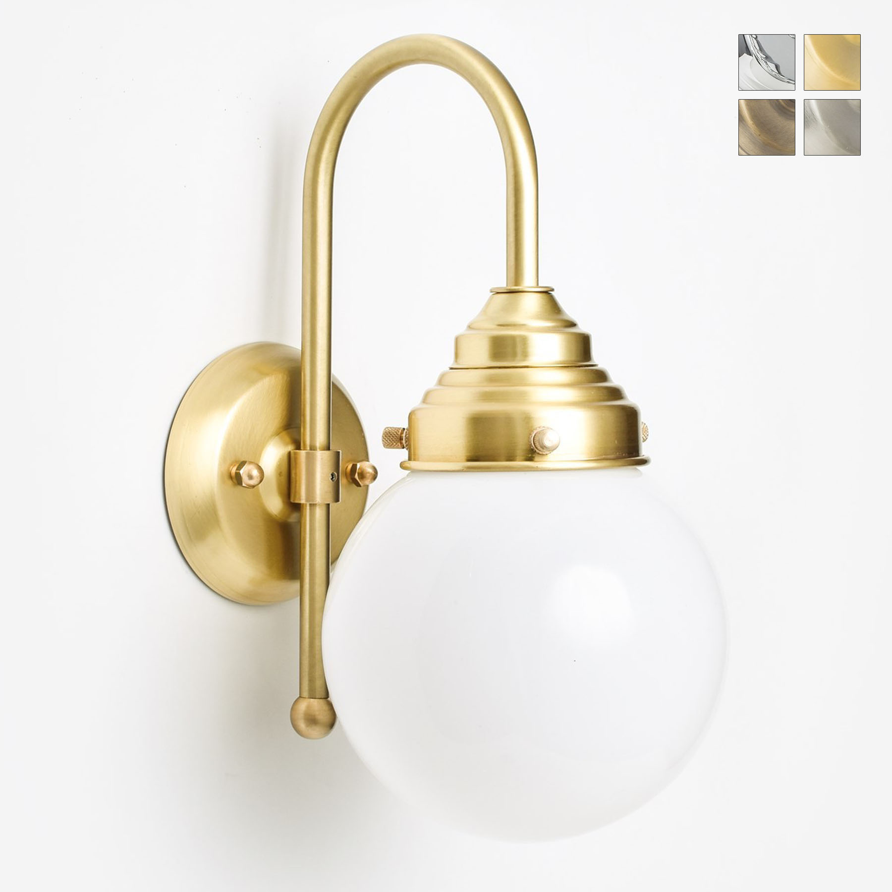 Small Bathroom Wall Lamp With Glass, Antique Brass Arc Arm Vanity Light