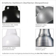 DUISBURG Gelenkleuchte mit geradem Auslegerarm von Bolich, Bild 2: Die erhältlichen Oberflächen (Beispiele)