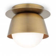Schlichte, kleine Design-Deckenleuchte aus Messing mit Opalglas-Kugel Ø 22 cm