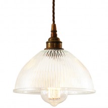 Kleine Hängeleuchte mit Holophanglas-Schirm z.B. für Theken von Aire Lighting, Bild 10: Kleine, rustikale Glas-Hängeleuchte, hier in Alt-Messing patiniert und braunem Kabel