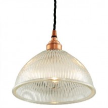 Kleine Hängeleuchte mit Holophanglas-Schirm z.B. für Theken von Aire Lighting, Bild 14: Die kleine Prisma-Hängelampe, hier in Kupfer poliert und schwarzem Kabel