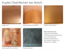 HAMELN Hängeleuchte mit tiefgezogenem Schirm, RAL oder Kupfer von Bolich, Bild 2: Die erhältlichen Kupfer-Oberflächen (Beispiele)