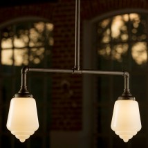 Für Tische: Geschmiedete Doppel-Pendelleuchte mit Art déco-Glas