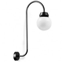 Glaskugel-Wandleuchte mit senkrechtem Bogen-Wandarm von Bolich, Bild 5: Nur die Kupfer-Modelle haben die gewellte Nostalgie-Rosette, das schwarze Modell ist normalerweise aus Aluminium