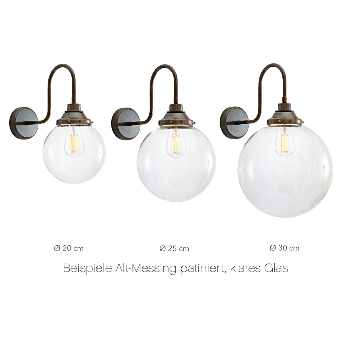Schwanenhals-Wandlampe mit Kugelglas (klar, Ø 20–30 cm) und IP44: klare Glaskugel-Schirme in drei Größen