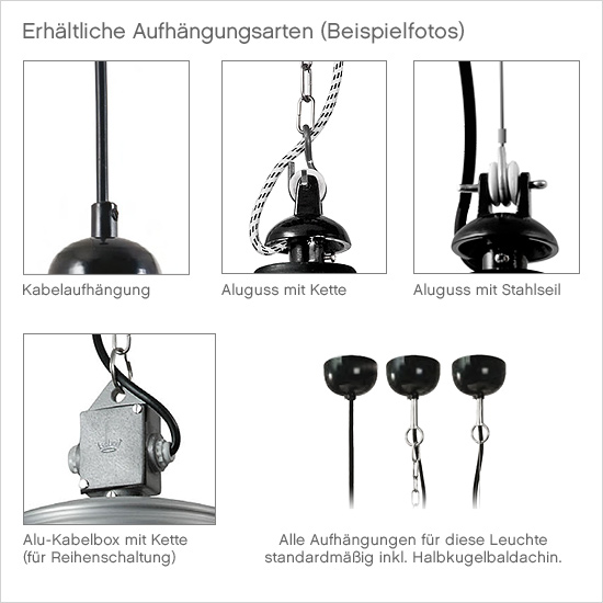 Einzelstücke mit antikem Emaille-Schirm: Hängeleuchte BERLIN 420 mm: Die erhältlichen Aufhängungsarten