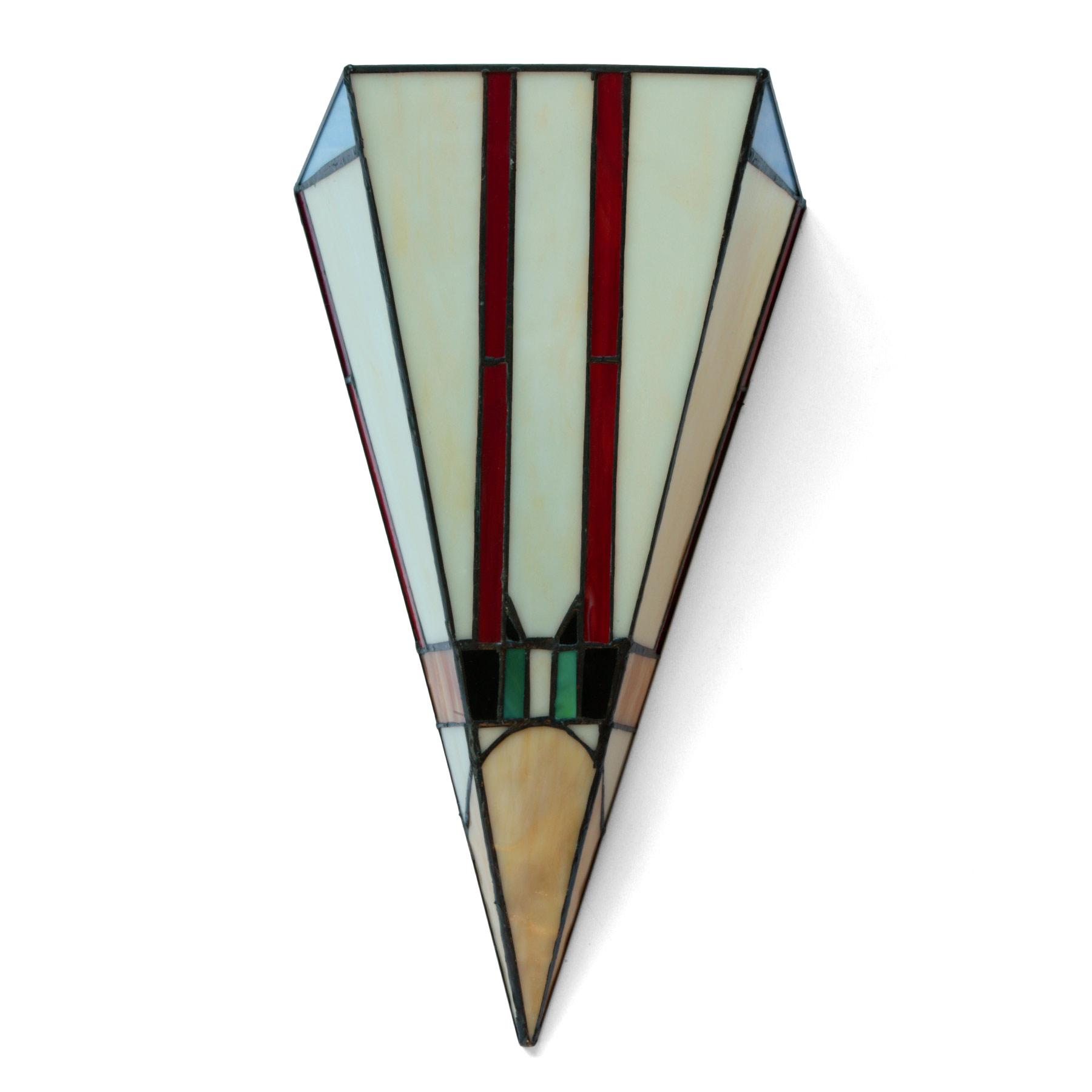 Art Déco-Wandleuchte mit spitzem Tiffany-Glasschirm: Tiffany-Wandleuchte im Art déco-Stil, perlmutt-weiße und bunte Glasscheiben