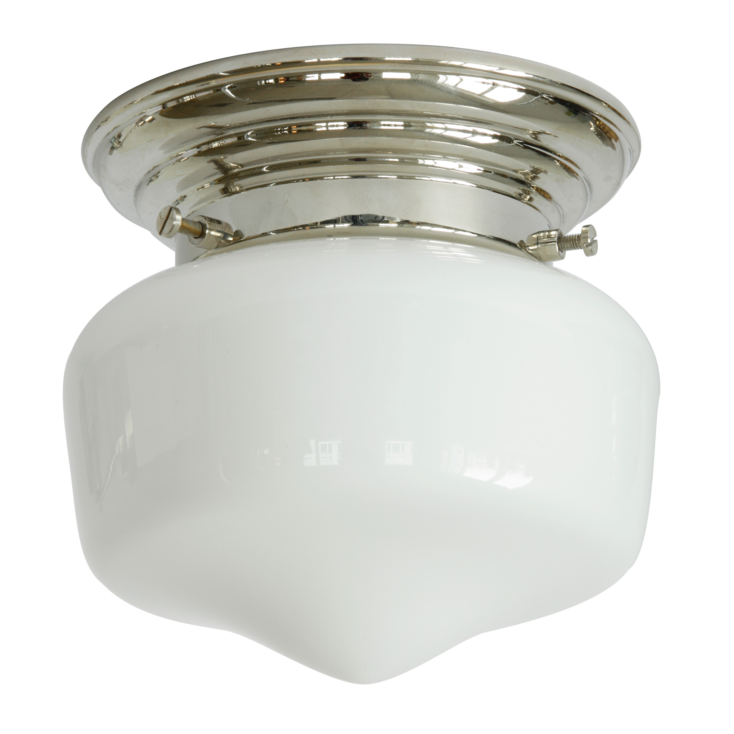 Kleine Messing-Deckenlampe mit Opalglas Ø 15 cm: Abgebildet mit Deckenteil in Messing glanzvernickelt