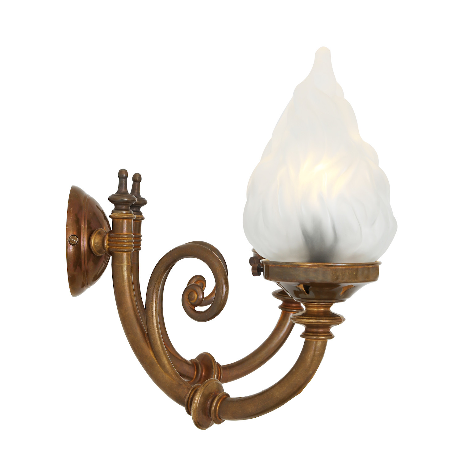 Two-Arm Wall Light With Satined Flame Shaped Glass: Alt-Messing patiniert