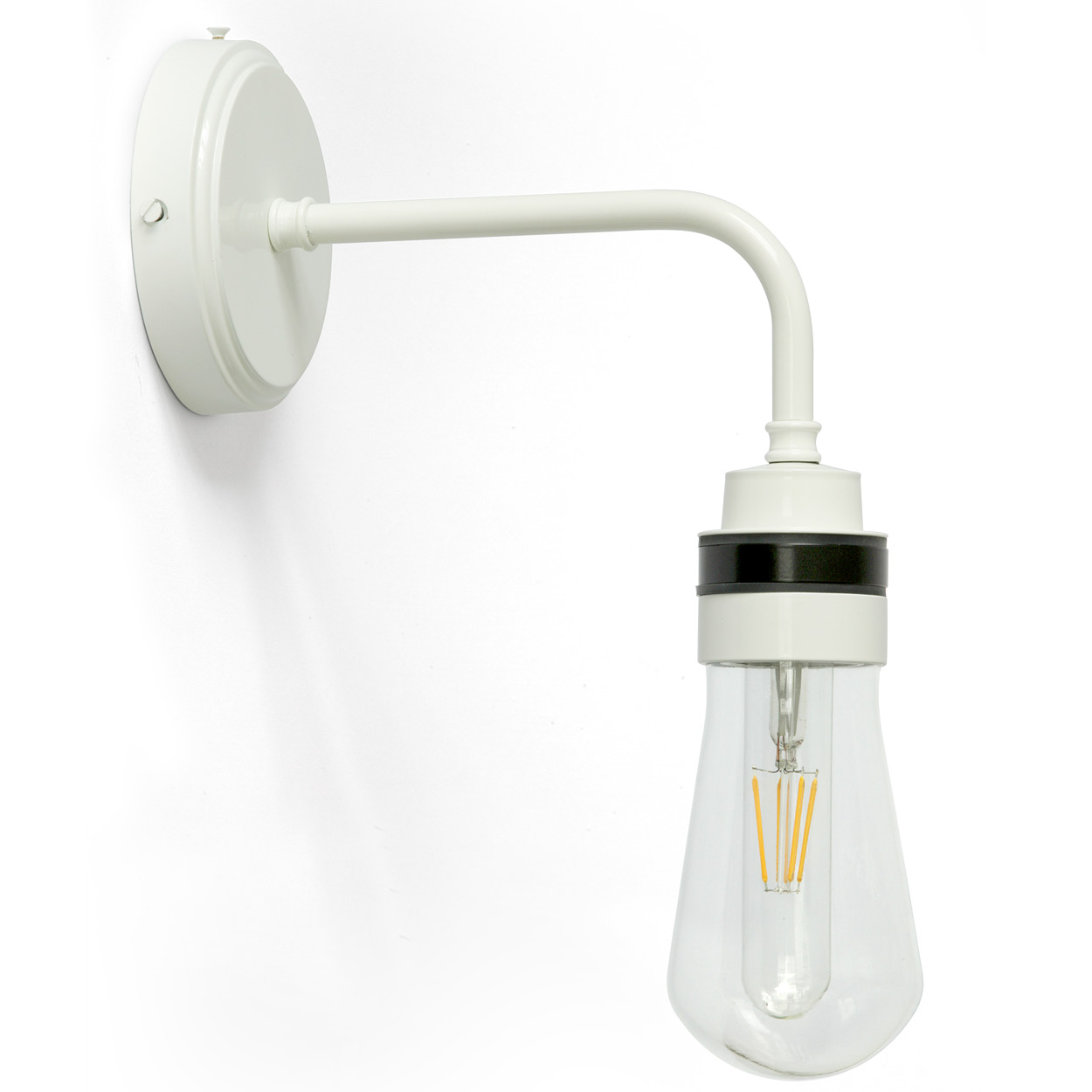Schlichte Wandlampe mit Glaskolben, IP65: Schlichte Wandlampe mit Glaskolben, weiß pulverlackiert, wassergeschützt mit IP 65