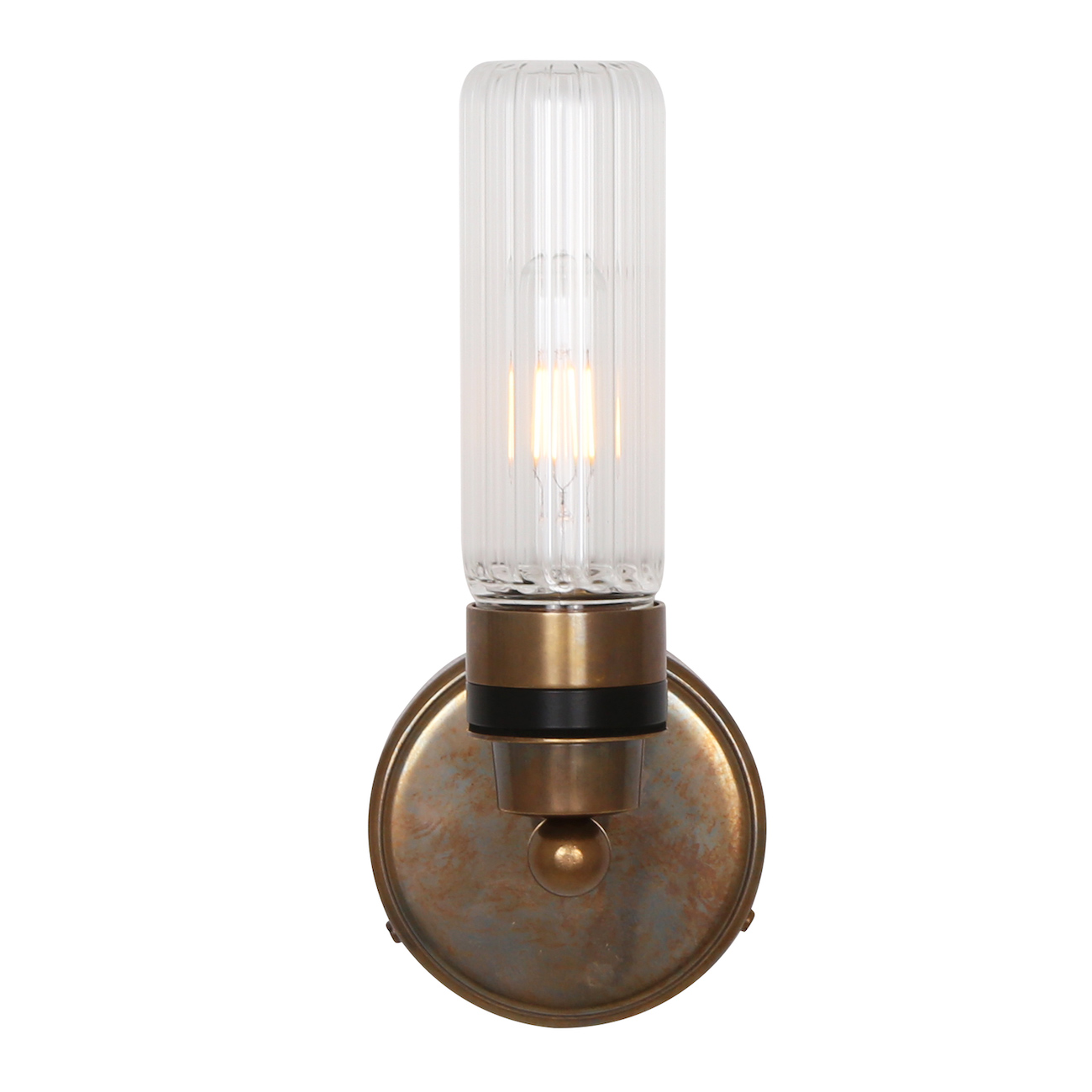 Badezimmer-Wandlampe mit klarem oder prismatischem Glaszylinder, IP65: Alt-Messing patiniert, prismatisches Glas