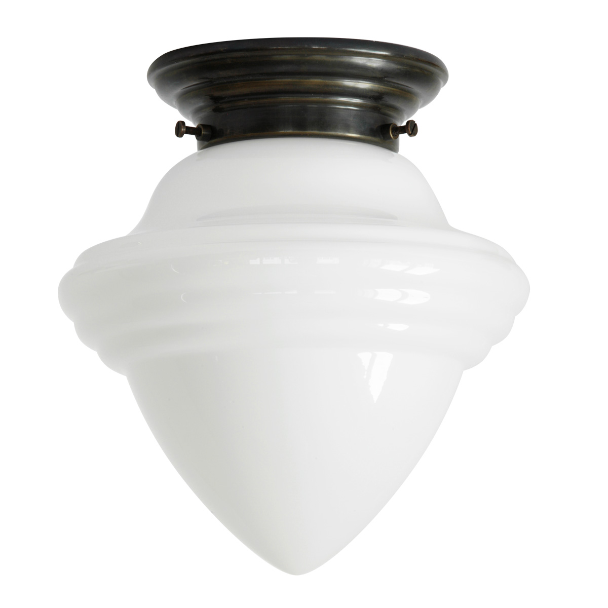 Kleine Deckenlampe mit spitzem Art déco-Opalglas Ø 16 cm: Deckenleuchte, abgebildet mit dezent gestuftem Deckenteil in Messing patiniert