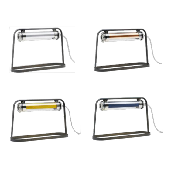 Design-Tischleuchte ASTRUP mit Acrylglasröhre und IP68: Die vier Reflektorfarben (von links oben): Silbern, Kupfer, Messing, Petrolblau