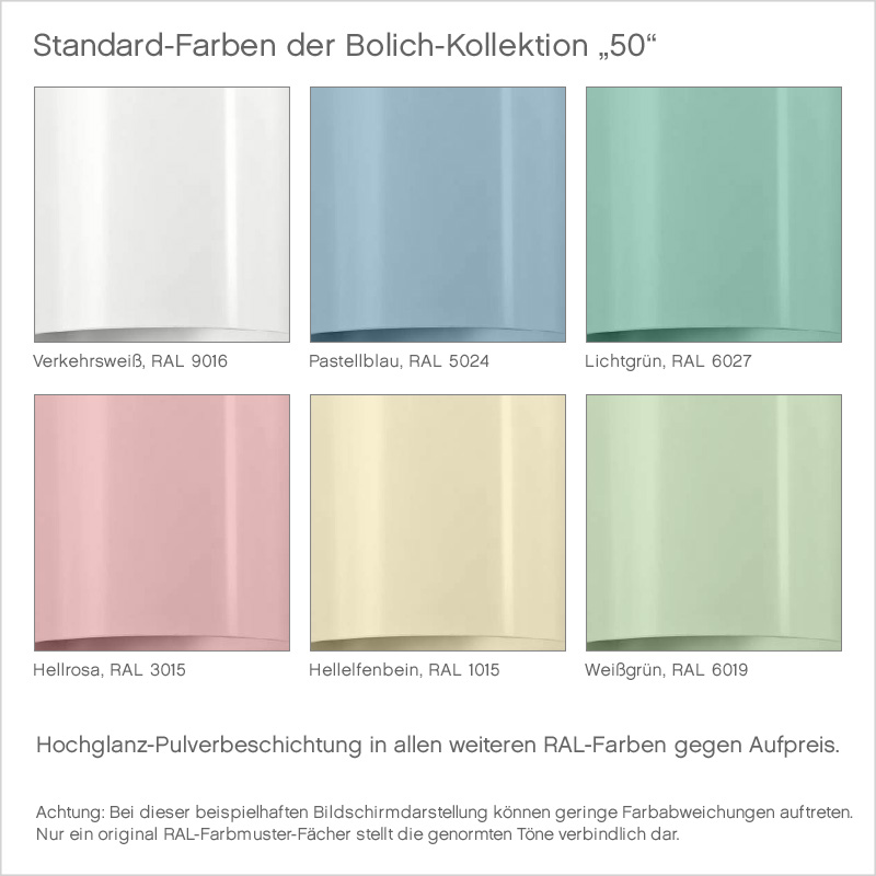 QUANTOR Einfache Esstischleuchte in Kegelform: Die erhältlichen Standardfarben der Retro-Leuchten-Kollektion 50 von Bolich