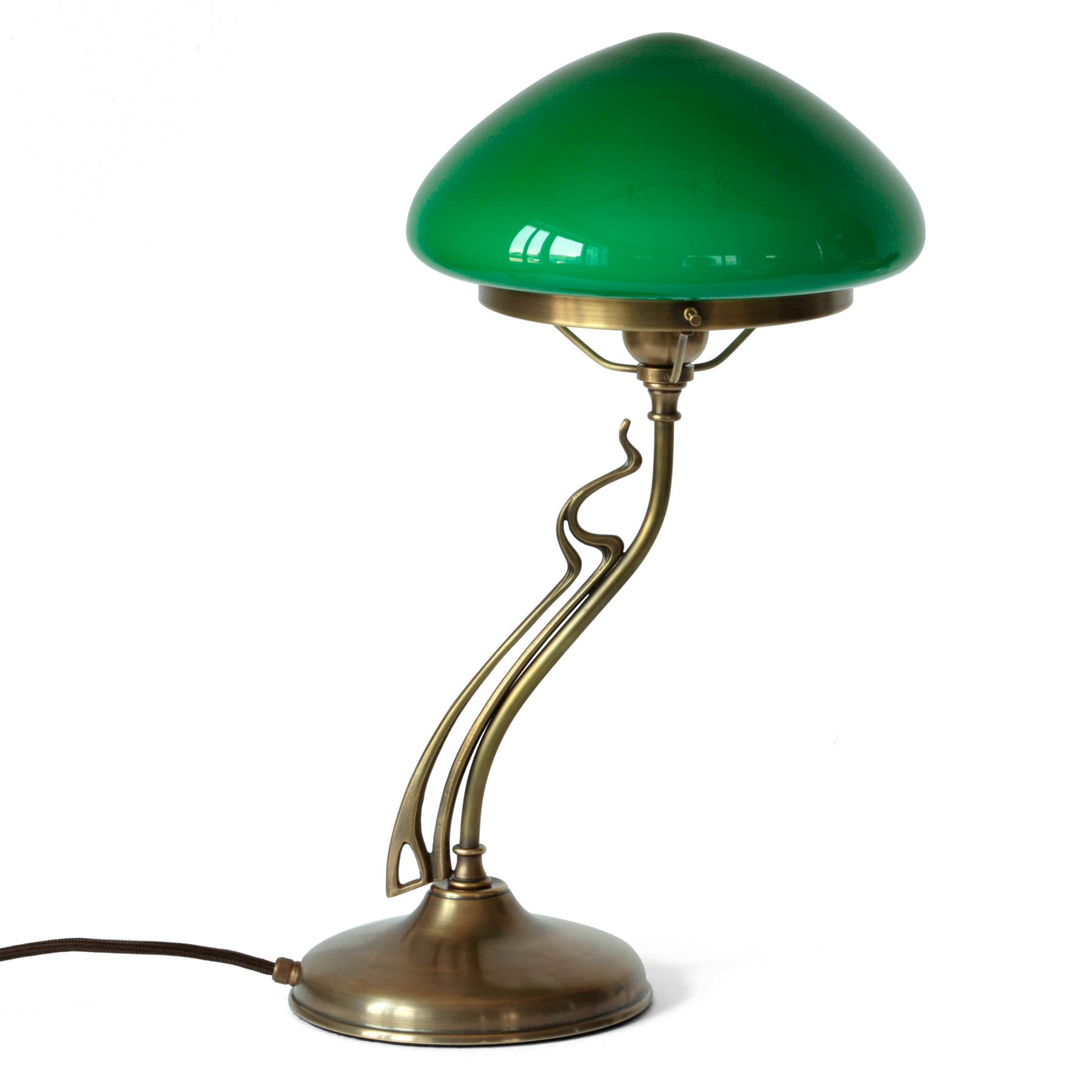 Art Nouveau "Mushroom" Table Lamp with Curved Brass Frame: Abgebildet in antik handpatiniert (Altmessing) und grünem Glas