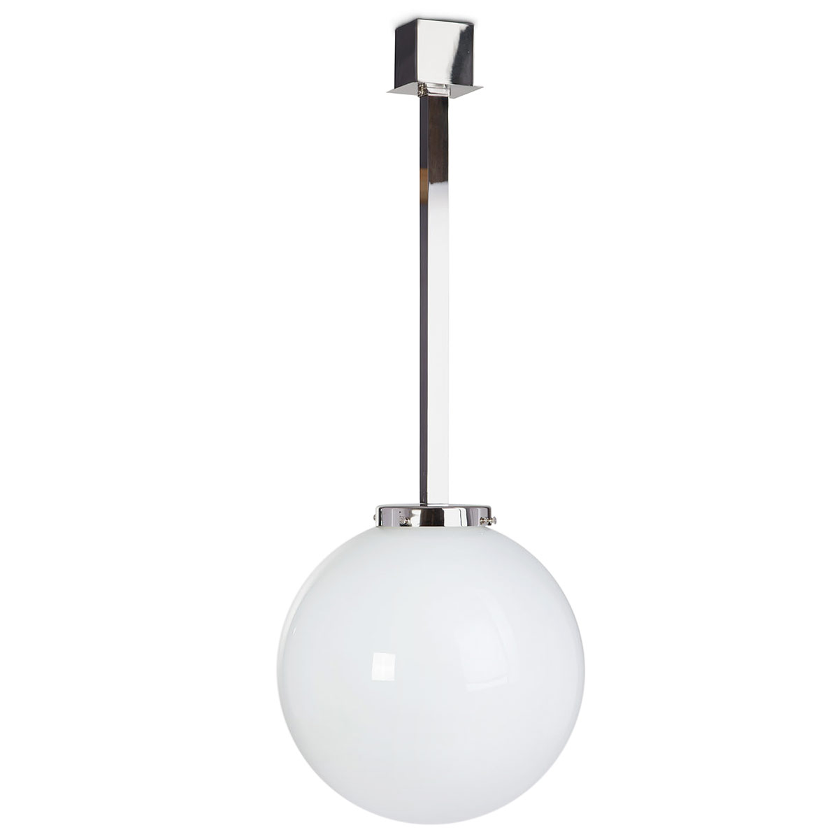 Deckenleuchte mit Opalglas-Kugel an Vierkant-Aufhängung, Ø 20 bis 40 cm Deckenleuchte mit Opalglas-Kugel an Vierkant-Aufhängung, Ø 20 bis 40 cm