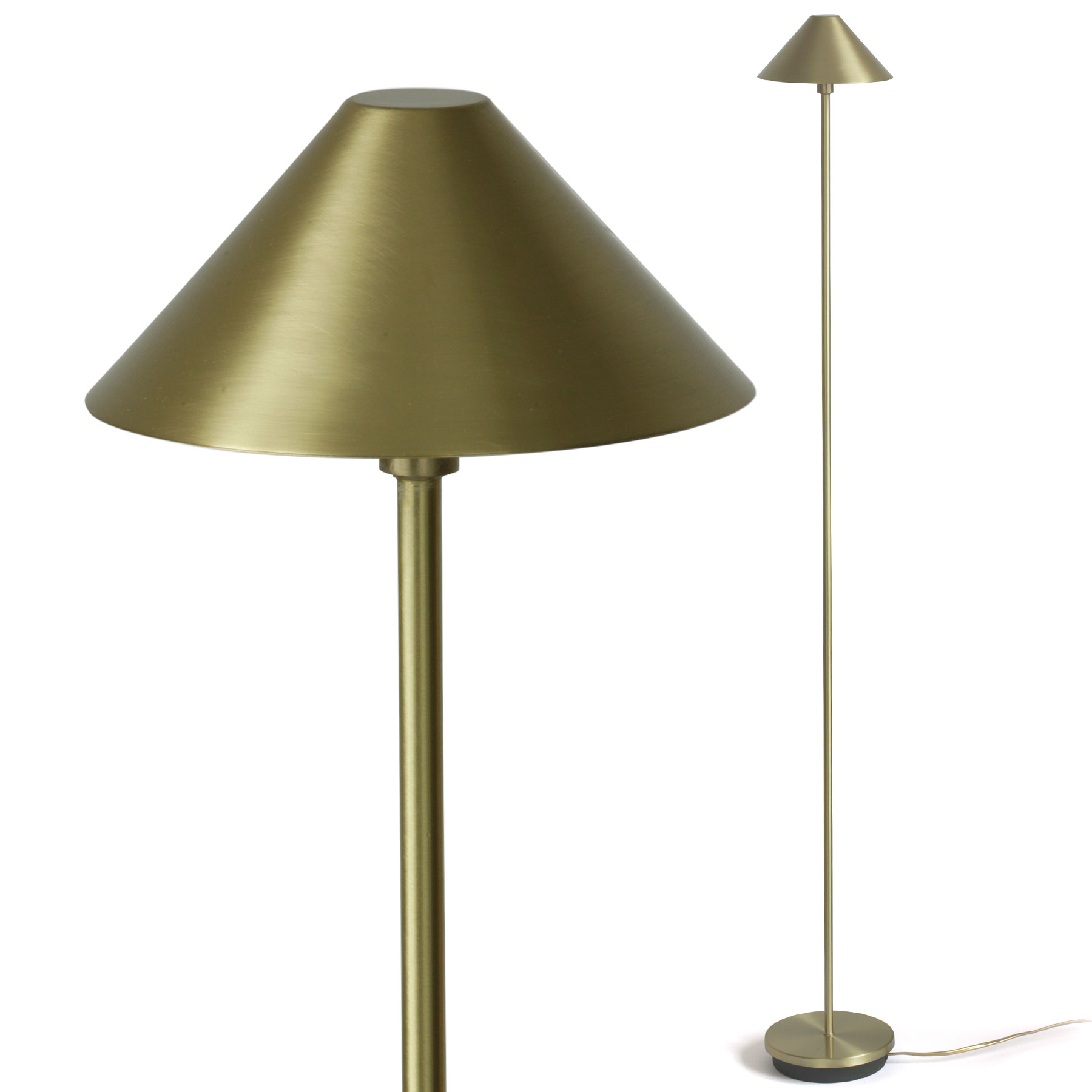 Schlanke Schirm-Stehlampe aus Messing: Elegante schlanke Stehlampe aus Messing, 120 cm mit Schirm (hier in 13 Messing satiniert)