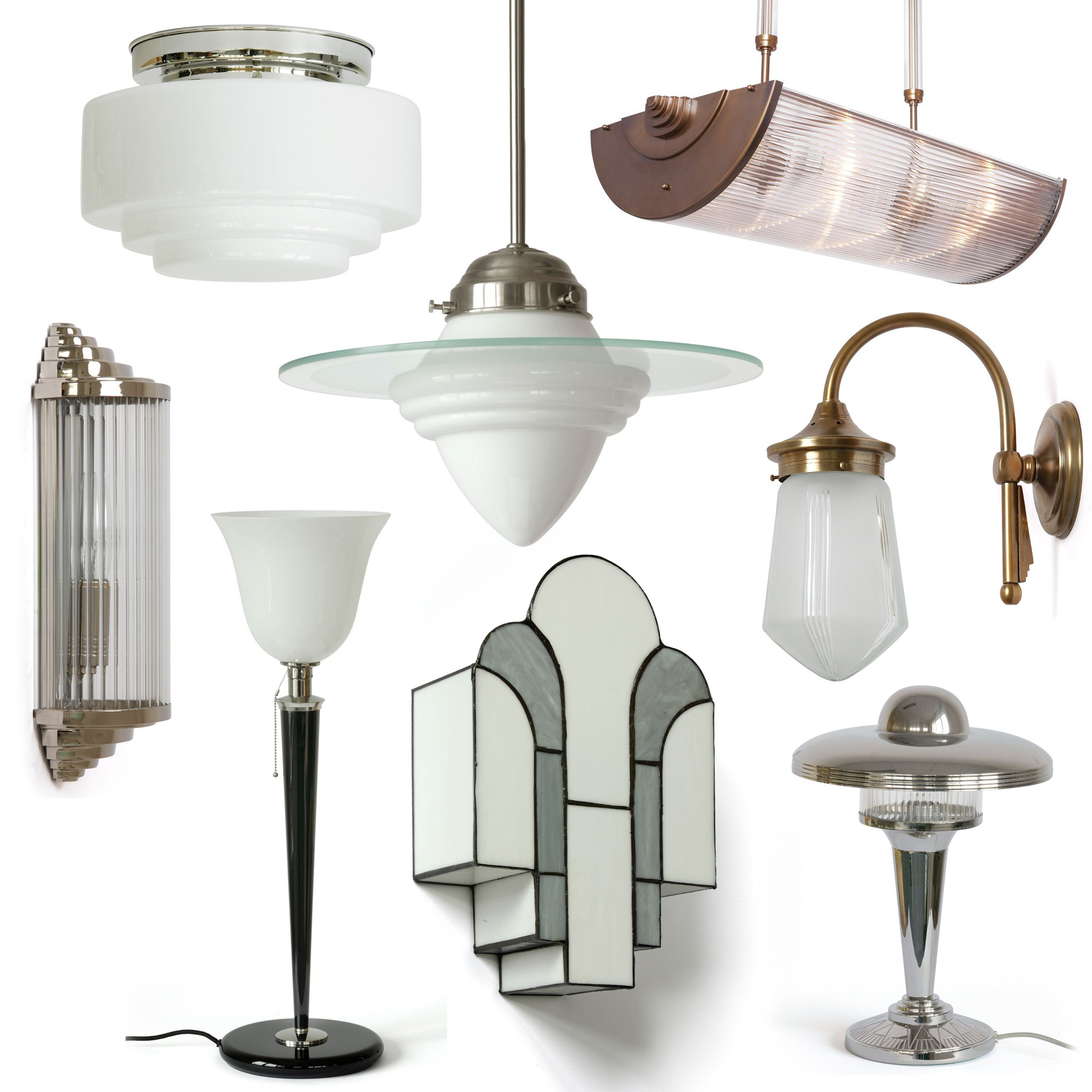 collage image of various elegant art deco lights