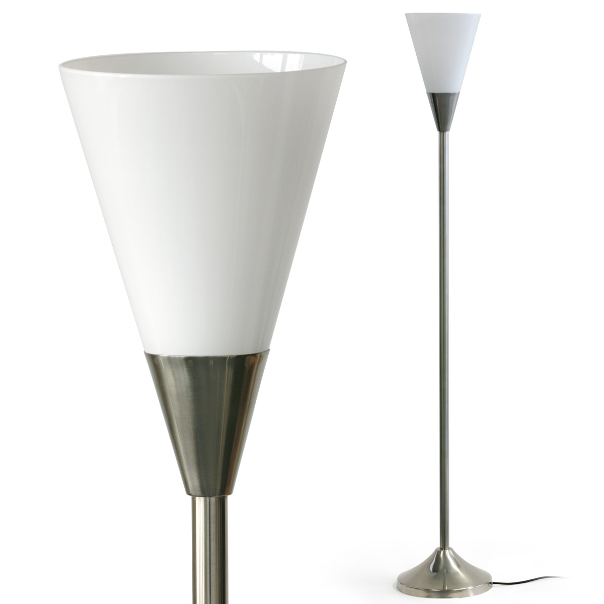 Art déco-Stehleuchte mit opalenem Spitzkegel-Glas: Art déco Deckenfluter-Stehleuchte mit Tüten- bzw. Kegel-Schirm aus Opalglas (hier Messing mattvernickelt)