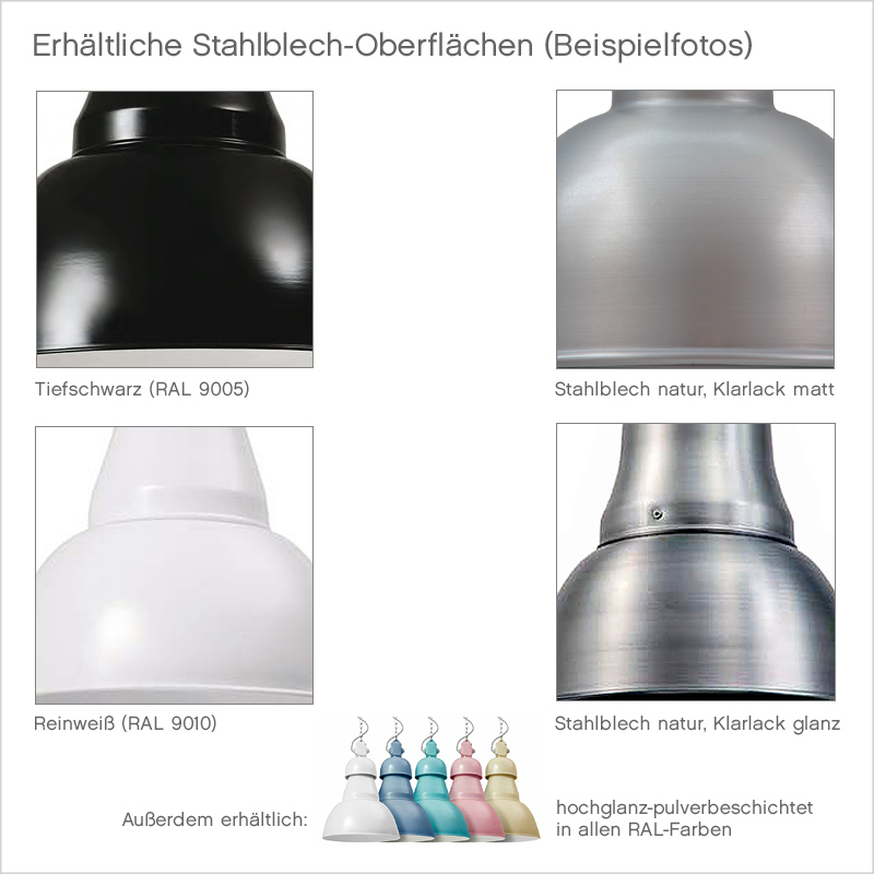 Gelenk-Deckenleuchte für schräge Decken SOLINGEN Ø 30/35/40 cm: Die erhältlichen Stahlblech-Oberflächen (Beispiele)
