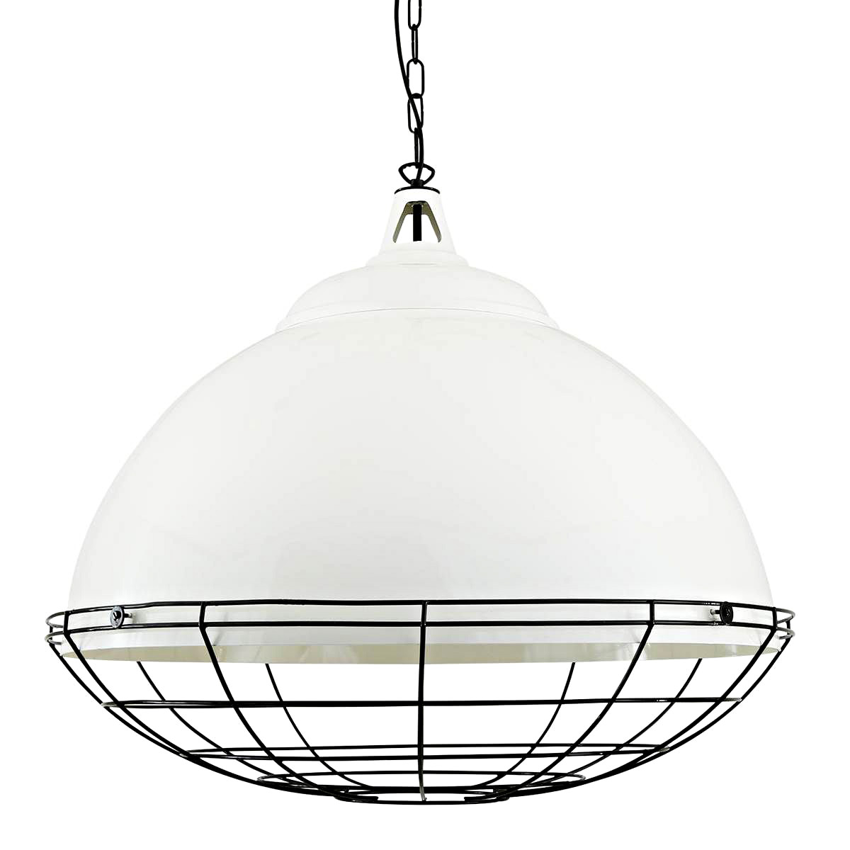 Bild 2: Die große Fabriklampe oder „Lagerhaus-Leuchte“ (Ø 75 cm) in der Ausführung in weiß (RAL 9010) Sehr große Lagerhaus-Hängelampe mit Schutzgitter BRUXELLES: Die große Fabriklampe oder „Lagerhaus-Leuchte“ (Ø 75 cm) in der Ausführung in weiß (RAL 9010)