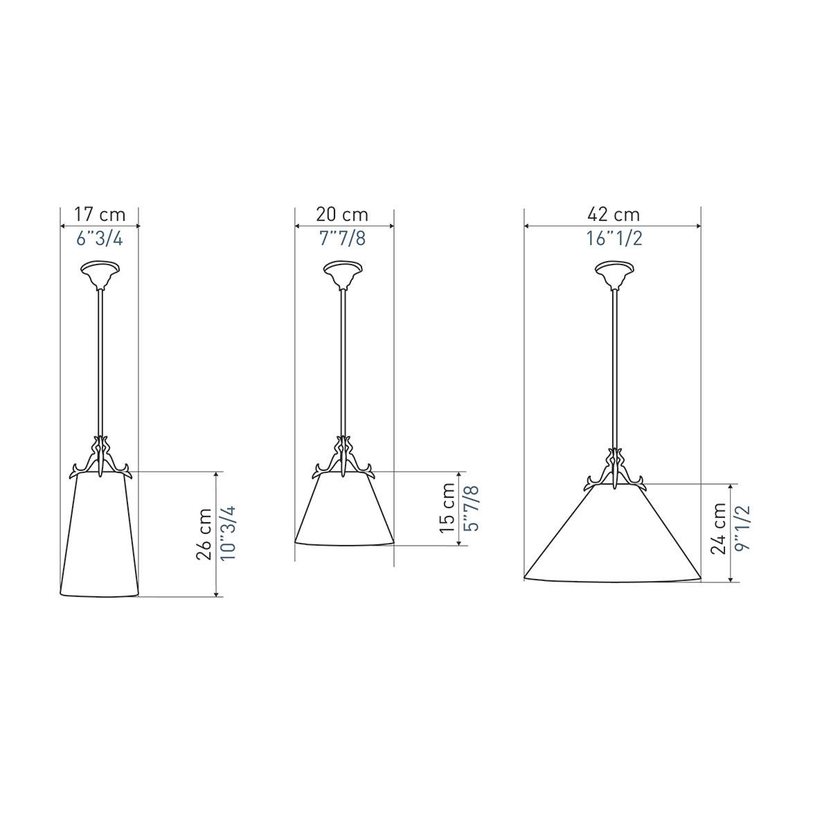 Bild 11: Modelle 1 bis 3 (von links) Stabhängeleuchte VENISE: Bronzeguss mit verschiedenen Textilschirmen: Modelle 1 bis 3 (von links)