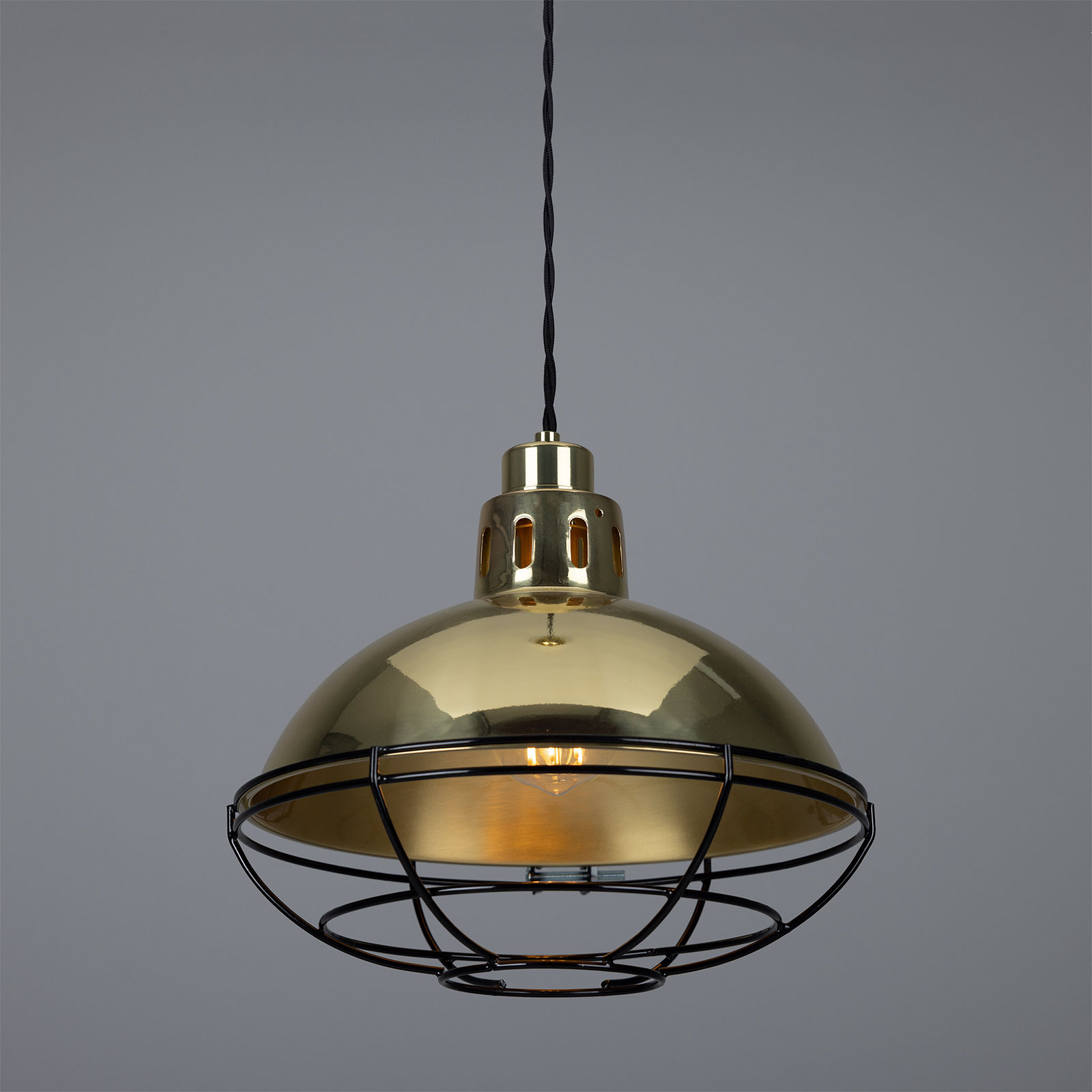 Klassische Fabriklampe aus Messing mit Schutzgitter-Käfig, 32 cm: Messing poliert