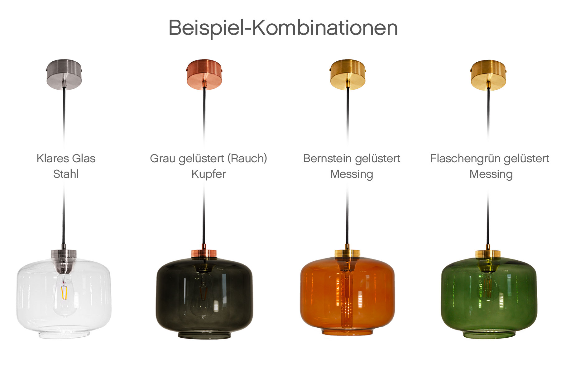 Bild 3: Beispielhafte Kombinationen aus Glas-Farben und Metall-Ausführungen Glas-Pendelleuchte in verschiedenen Glasfarben DJAVA: Beispielhafte Kombinationen aus Glas-Farben und Metall-Ausführungen