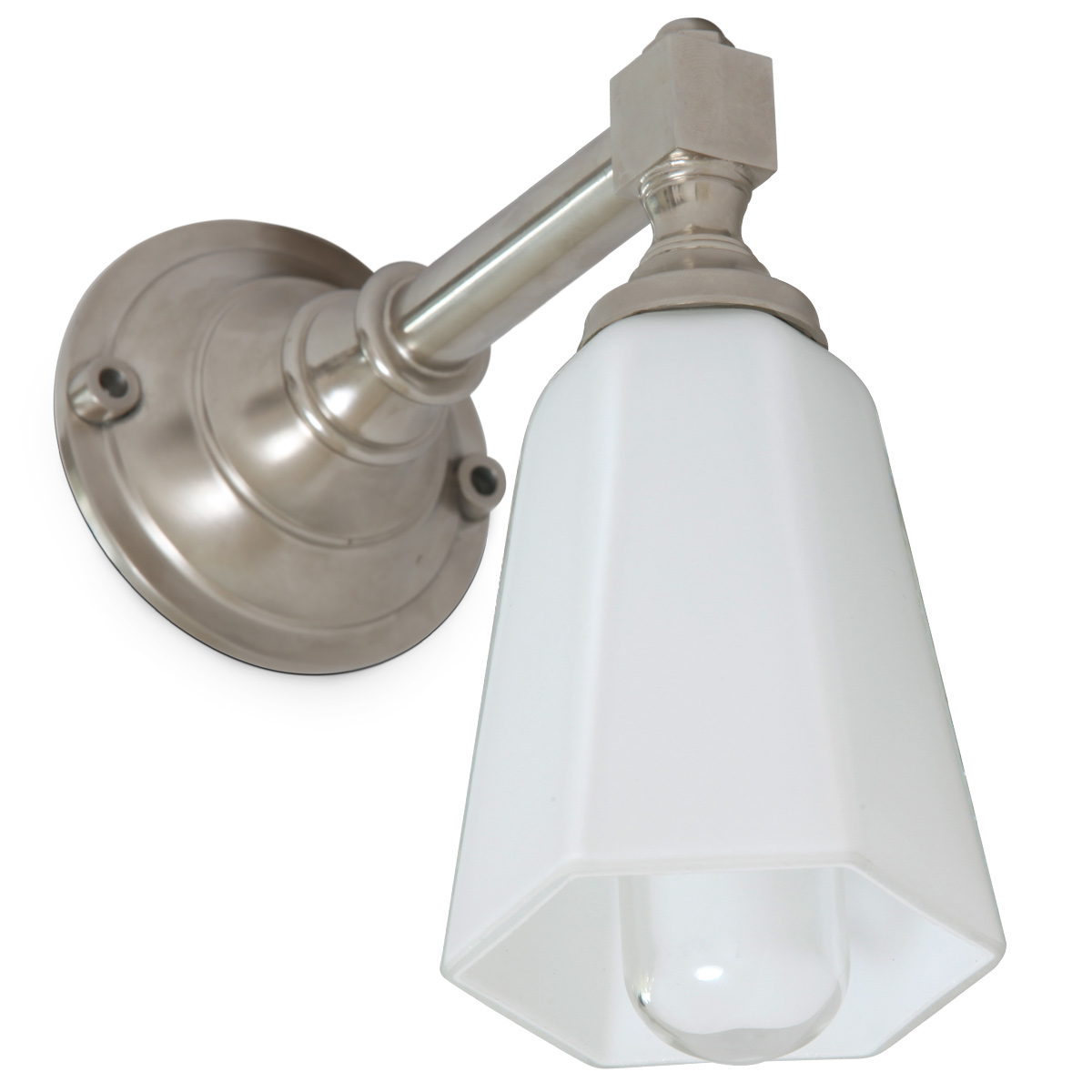 Exklusive Wandleuchte für Badezimmer-Spiegel: Die Wandlampe in Nickel satiniert: Das Leuchtmittel kann durch den mitgelieferten Zylinderglas-Kolben geschützt werden