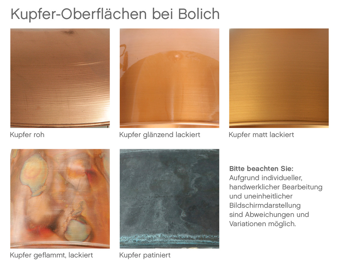 BISSINGEN Historische Kupfer-Hängeleuchte im Fabrik-Stil: Die erhältlichen Kupfer-Oberflächen (Beispiele)