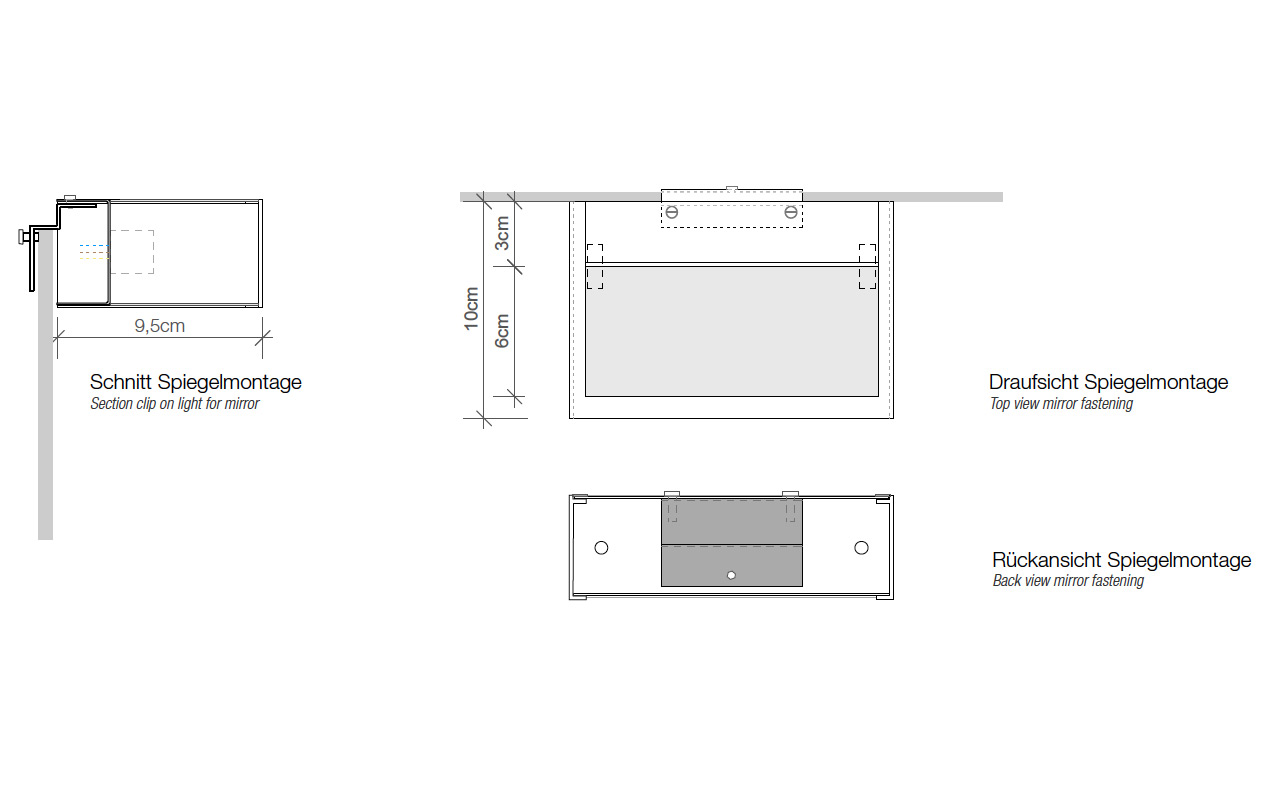 Fig. 16: Auf Anfrage auch als Aufsteck-Leuchte (Spiegel-Montage) erhältlich QUAD Mirror wall light for bathrooms, widths from 15 to 150 cm: Auf Anfrage auch als Aufsteck-Leuchte (Spiegel-Montage) erhältlich