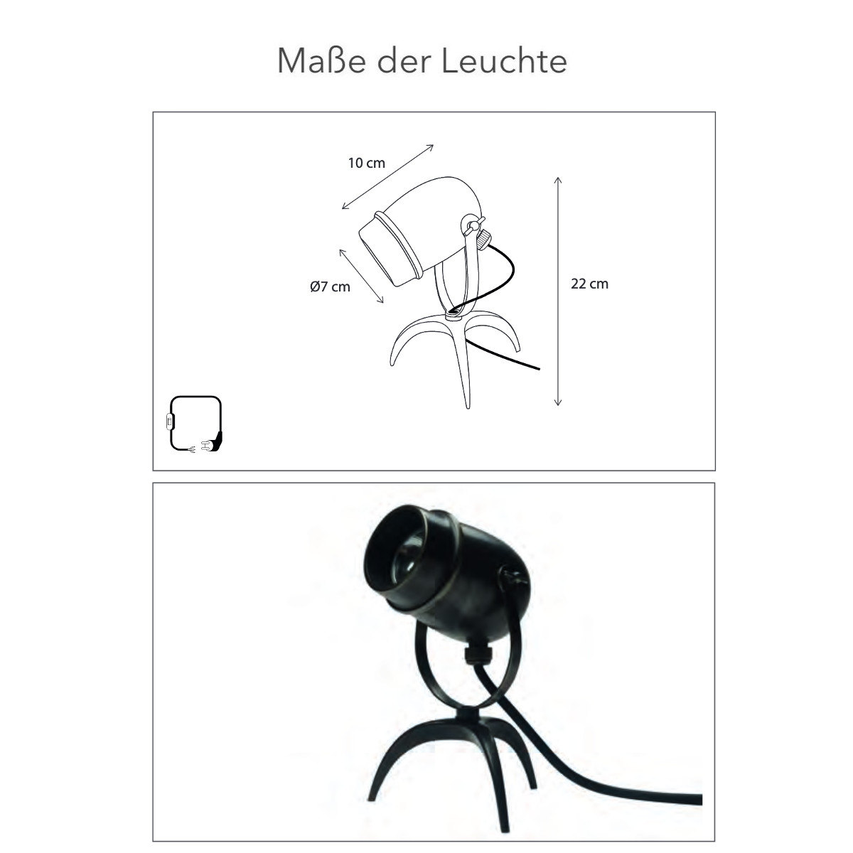 Bild 10: Maße der Leuchte Nostalgischer Tisch-Strahler zum Aufstellen, Messing: Maße der Leuchte