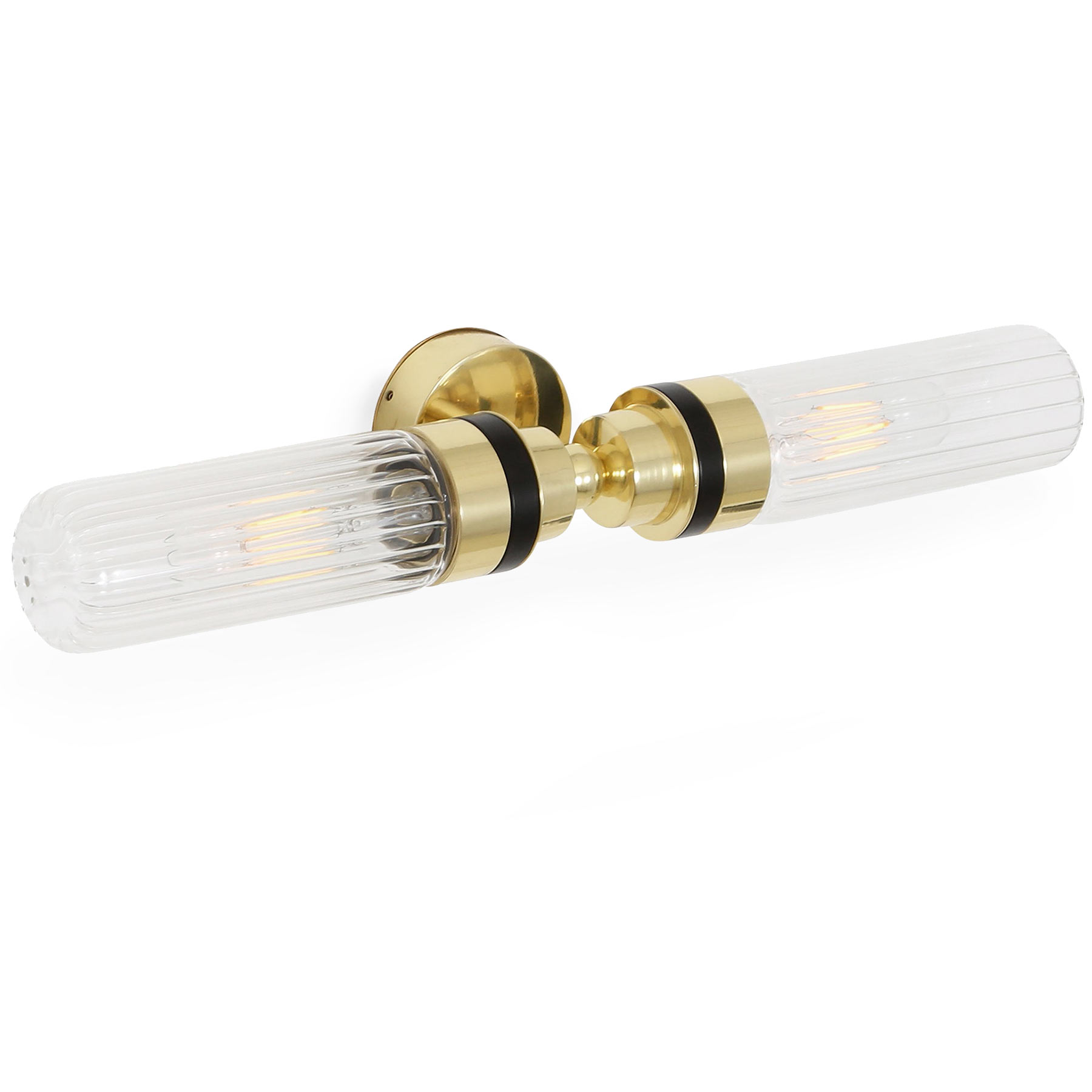 Spiegel-Wandlampe mit zwei Glaskolben (klar oder prismatisch), IP65: Hier: Messing poliert, mit gerillten Glas-Zylindern