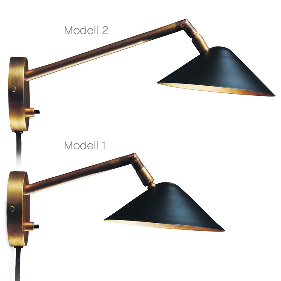 Modern Design-Wandleuchte ASTVERK in Messing roh: Modell 1 (unten) und Modell 2 im Vergleich