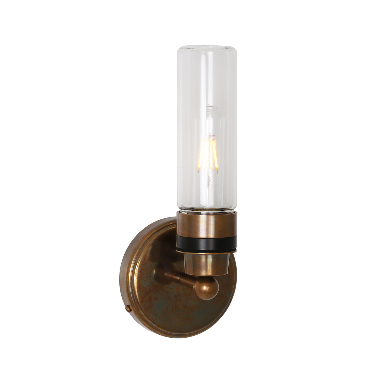 Badezimmer-Wandlampe mit klarem oder prismatischem Glaszylinder, IP65: Alt-Messing patiniert, klares Glas