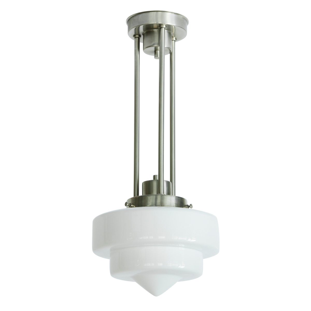 Dreirohr-Pendelleuchte mit gestuftem Opalglas und Spitz Dreirohr-Pendelleuchte mit gestuftem Opalglas und Spitz