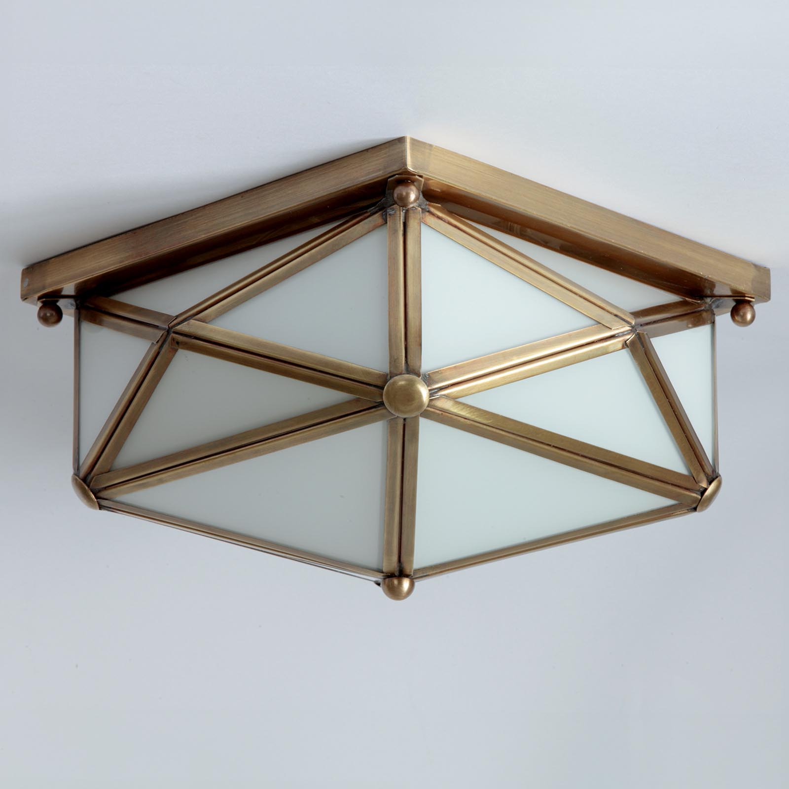 Geometric Ceiling Fixture, Glazed Brass Structure, three sizes: Das große Modell in hell brüniert mit opal-weißem Glas