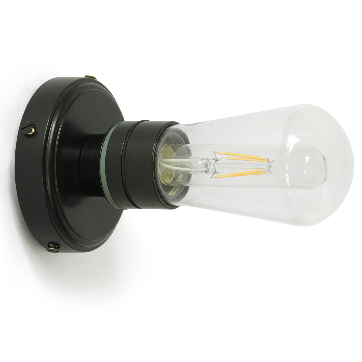 Einfache Badezimmer-Wandlampe mit Glaskolben, IP65: Glaskolben-Wandleuchte für das Bad, hier schwarz pulverlackbeschichtet