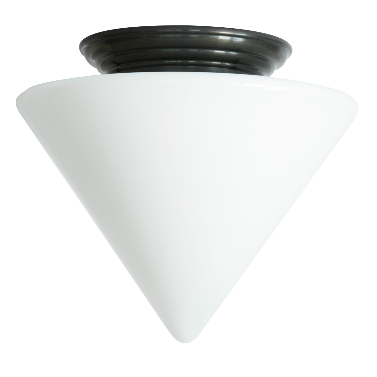 Bild 3: Abgebildet mit dunkelbraun handpatiniertem (brüniertem) Deckenteil Deckenlampe mit Spitzkegel-Opalglas Ø 30 cm: Abgebildet mit dunkelbraun handpatiniertem (brüniertem) Deckenteil