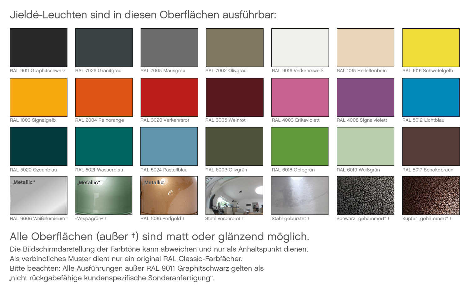 JIELDÉ LOFT Gelenk-Klemmleuchte D4040: Die erhältlichen Oberflächen und Farbtöne