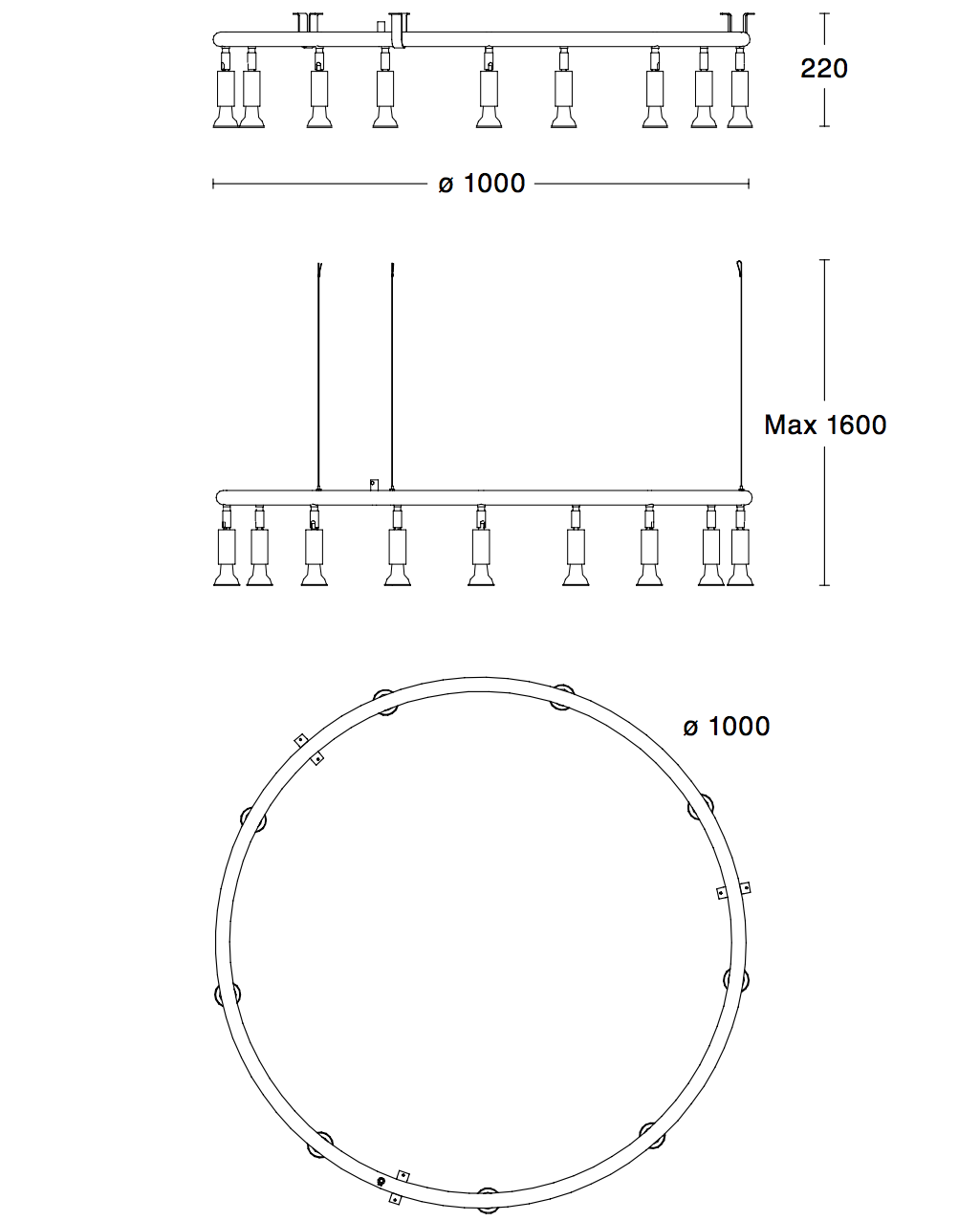 Ring-Deckenleuchte STAR, z. B. aus Kupfer , Ø 100 cm: Die Strahler-Deckenleuchte in Ringform lässt sich an Seilen aufhängen oder per Bügel an die Decke montieren